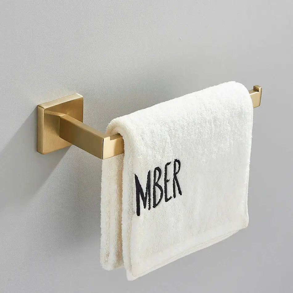 Brushed gold bathroom towel rack set with multi bar shelf and hooks