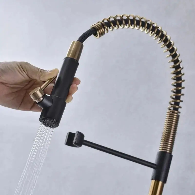 Brushed gold & black flexible spring spout kitchen faucet