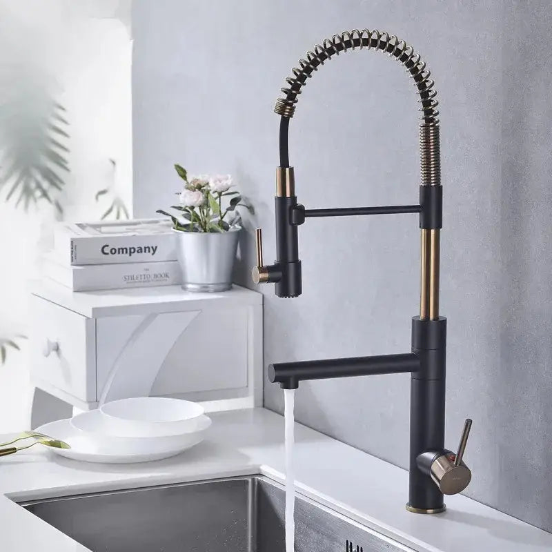 Brushed gold & black flexible spring spout kitchen faucet