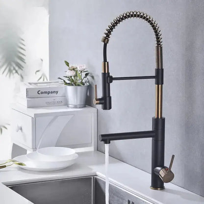 Brushed gold & black flexible spring spout kitchen faucet