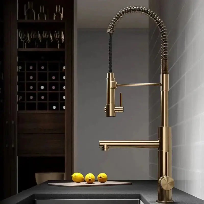 Brushed gold & black flexible spring spout kitchen faucet