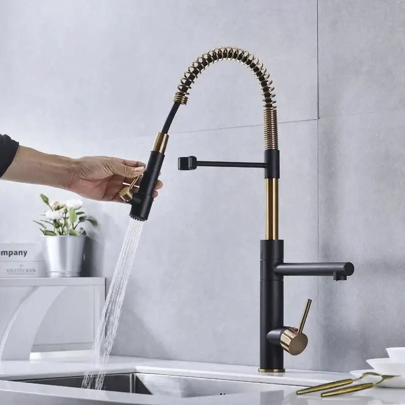 Brushed gold & black flexible spring spout kitchen faucet