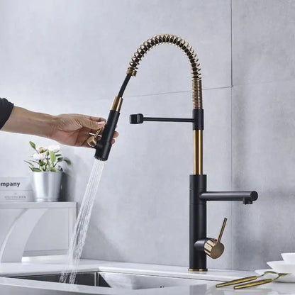 Brushed gold & black flexible spring spout kitchen faucet