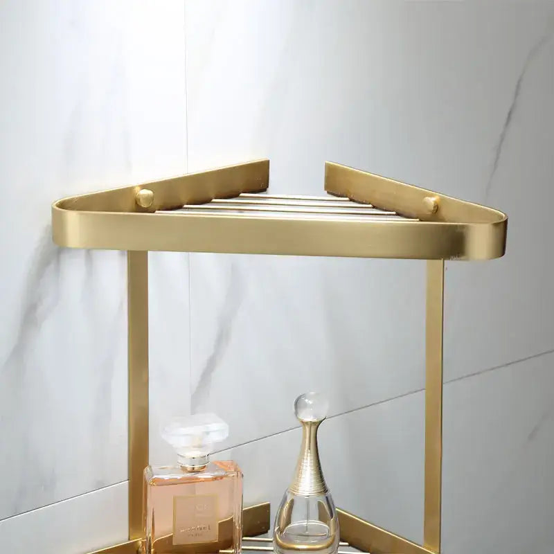 Brushed gold brass bathroom shower rack with hooks corner storage