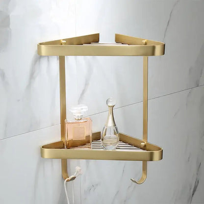 Brushed gold brass bathroom shower rack with hooks corner storage