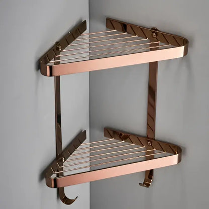 Brushed gold brass bathroom shower rack with hooks corner storage