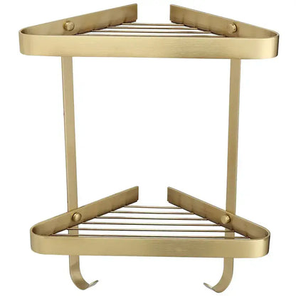 Brushed gold brass bathroom shower rack with hooks corner storage