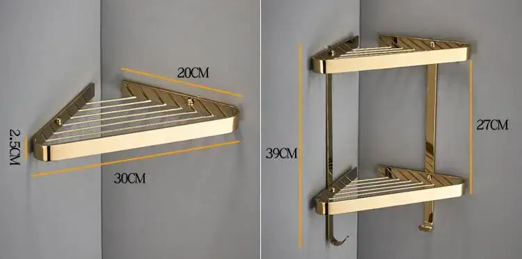 Brushed gold brass bathroom shower rack with hooks corner storage