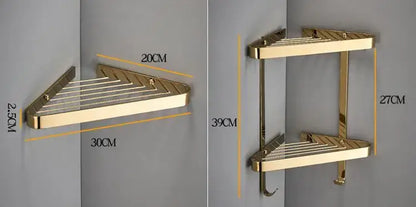 Brushed gold brass bathroom shower rack with hooks corner storage