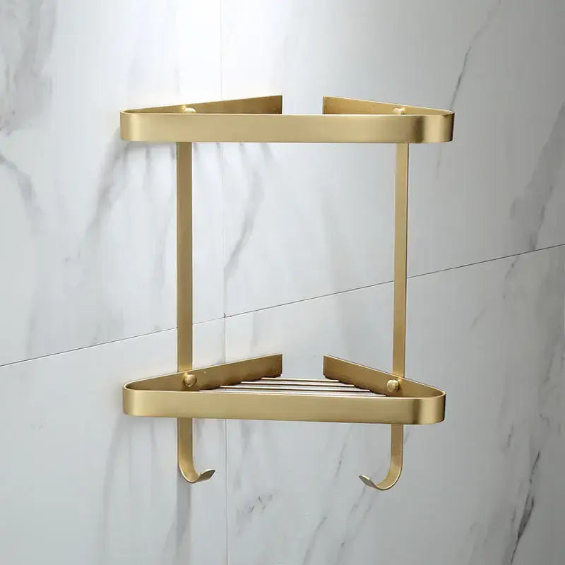Brushed gold brass bathroom shower rack with hooks corner storage
