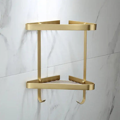 Brushed gold brass bathroom shower rack with hooks corner storage