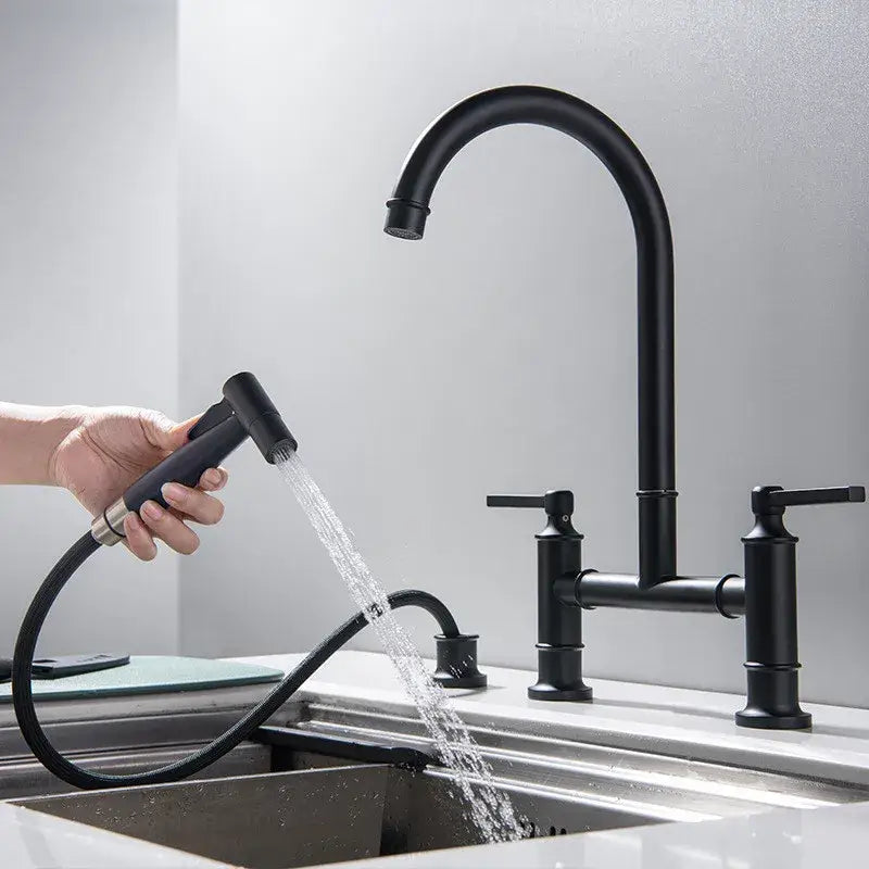 Brushed gold kitchen bridge faucet with hand shower head