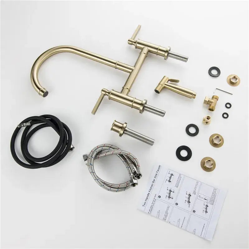 Brushed gold kitchen bridge faucet with hand shower head