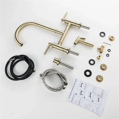 Brushed gold kitchen bridge faucet with hand shower head