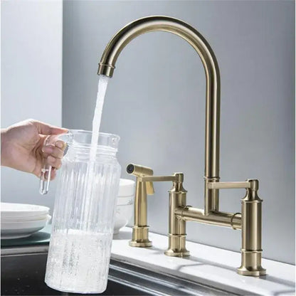 Brushed gold kitchen bridge faucet with hand shower head