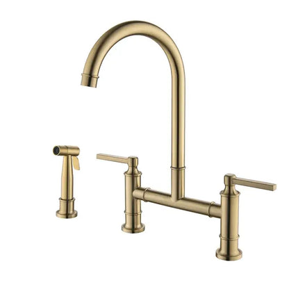 Brushed gold kitchen bridge faucet with hand shower head