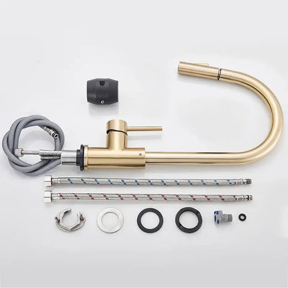 Brushed gold kitchen faucet with high arc pull down spray head