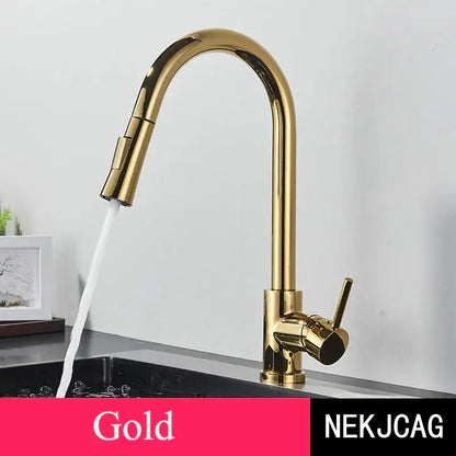 Brushed gold kitchen faucet with high arc pull down spray head
