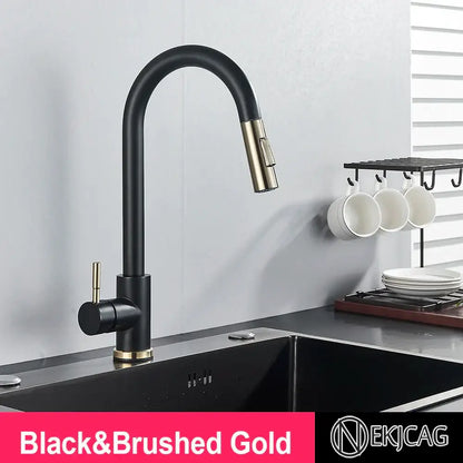 Brushed gold kitchen faucet with high arc pull down spray head