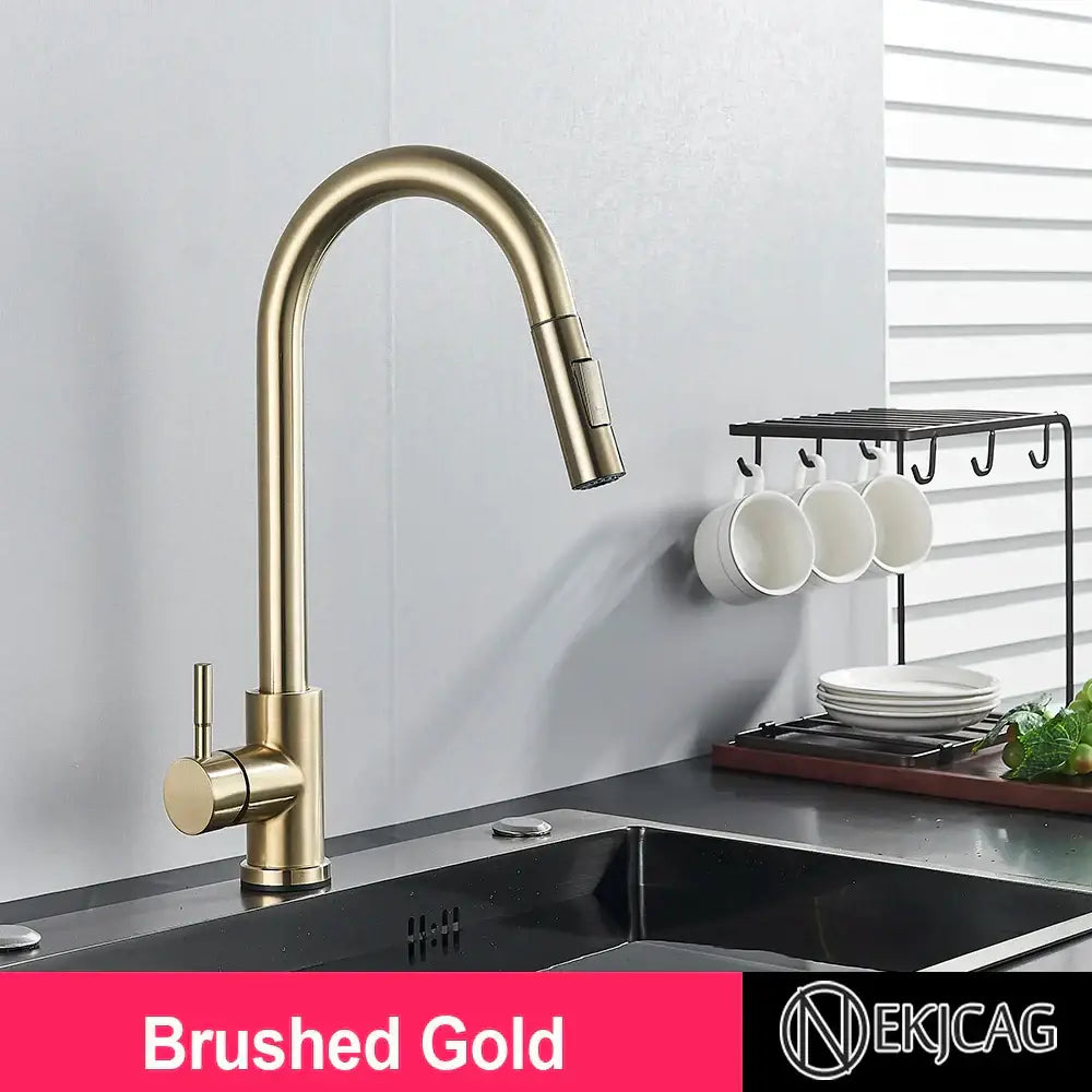 Brushed gold kitchen faucet with high arc pull down spray head