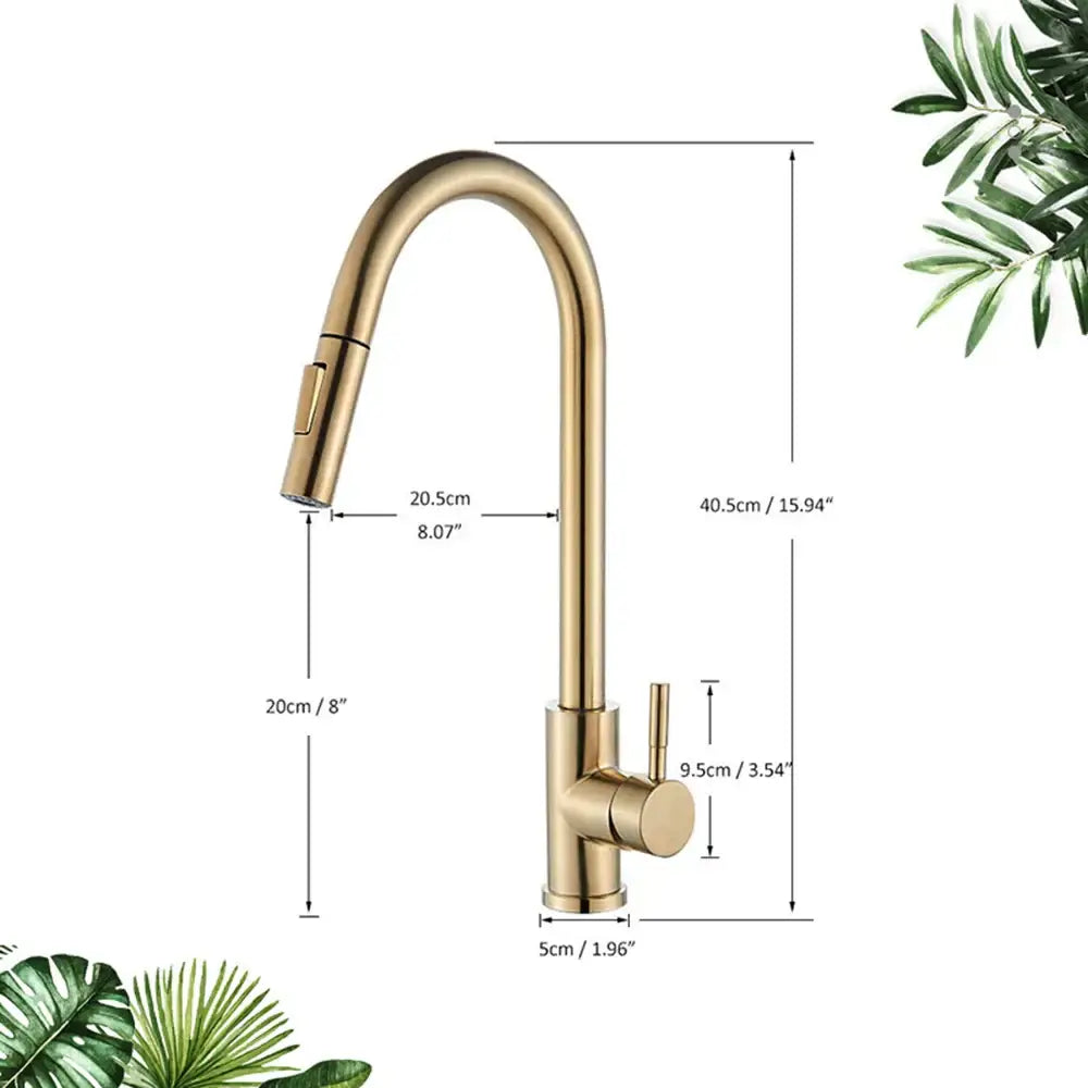 Brushed gold kitchen faucet with high arc pull down spray head
