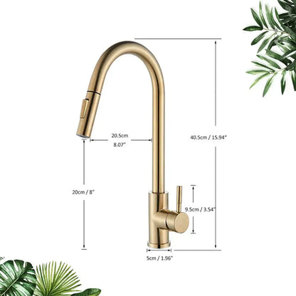 Brushed gold kitchen faucet with high arc pull down spray head