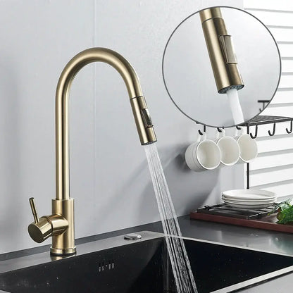 Brushed gold kitchen faucet with high arc pull down spray head