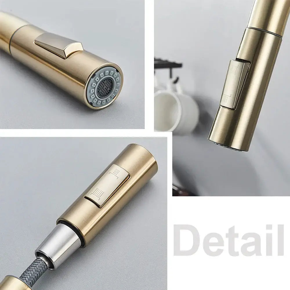 Brushed gold kitchen faucet with high arc pull down spray head