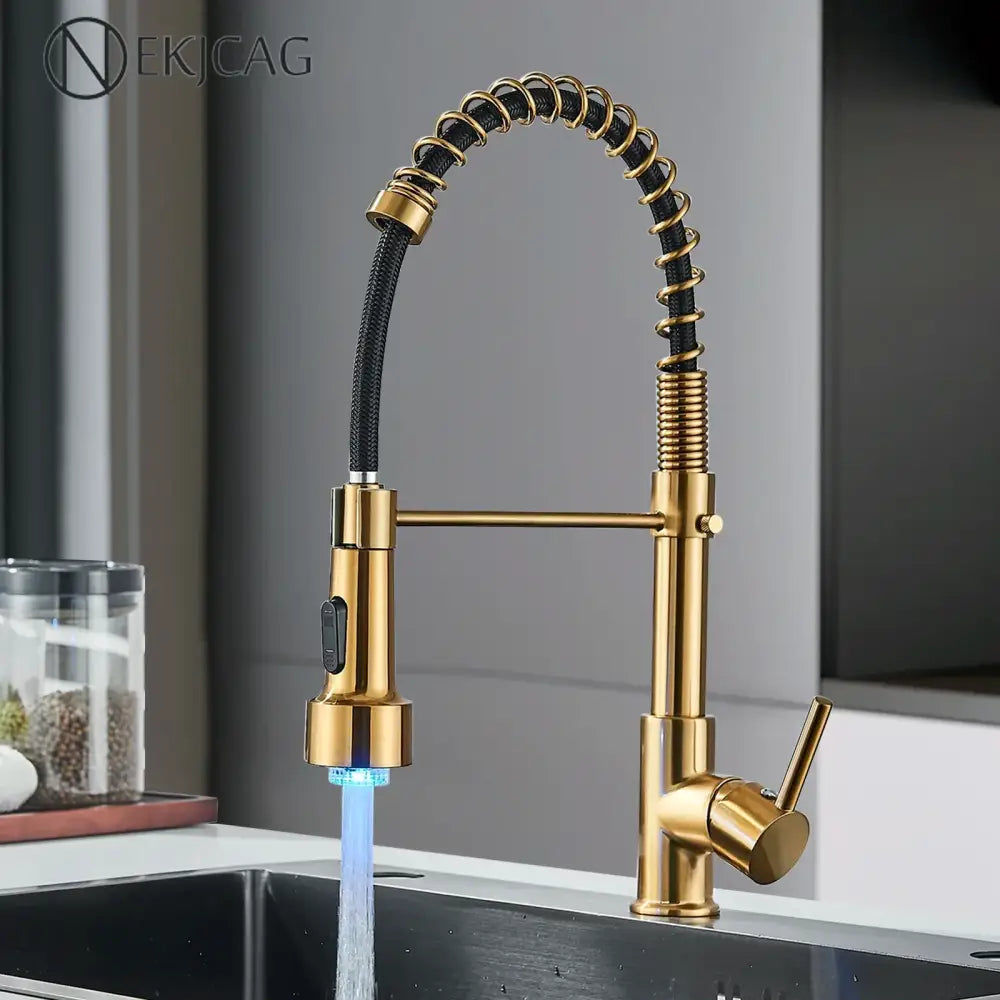 Brushed gold led kitchen faucet with black spring pull down hose