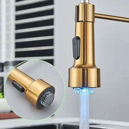 Brushed gold led kitchen faucet with black spring pull down hose