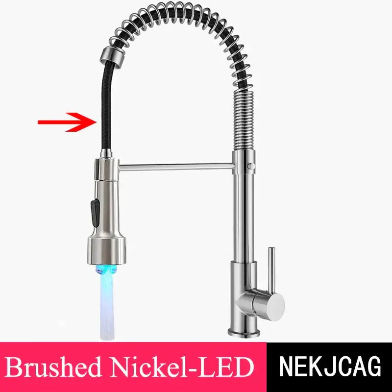 Brushed gold led kitchen faucet with black spring pull down hose