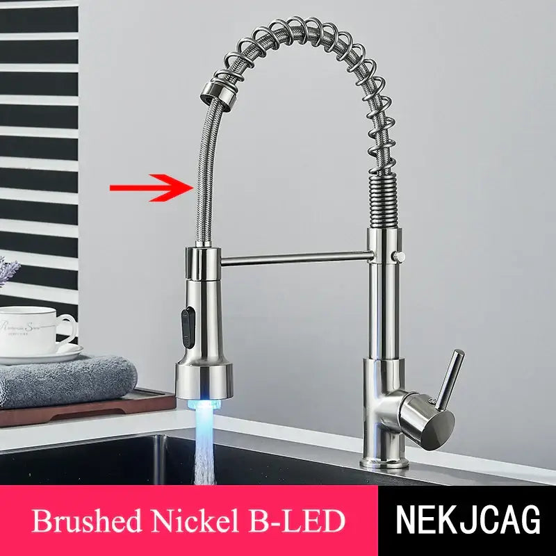 Brushed gold led kitchen faucet with black spring pull down hose