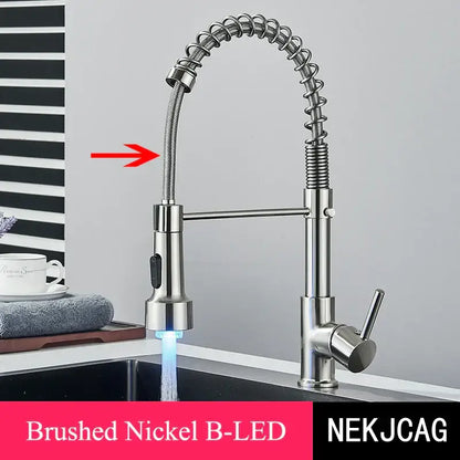 Brushed gold led kitchen faucet with black spring pull down hose