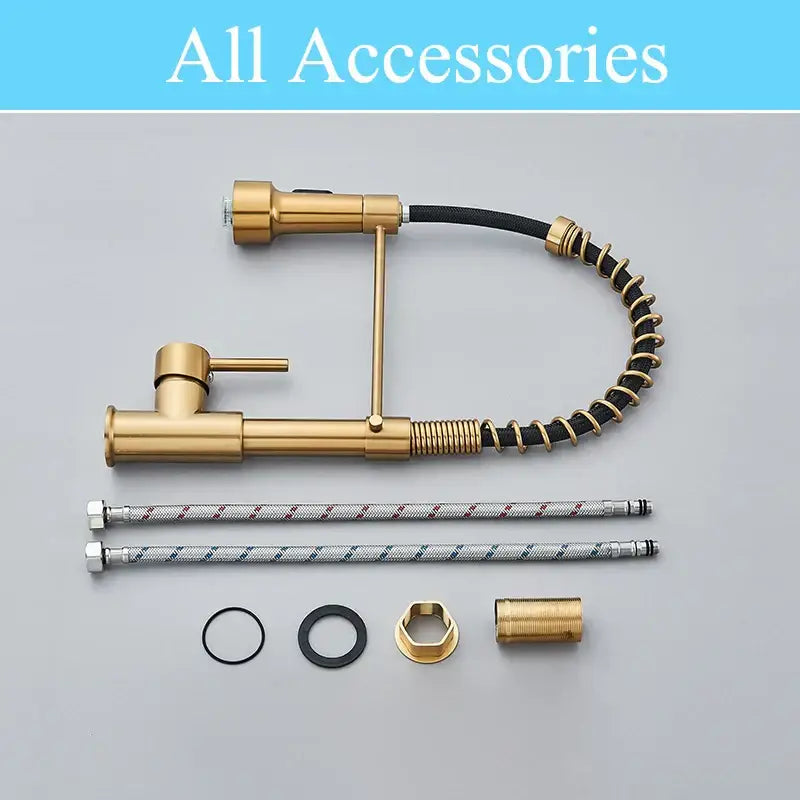 Brushed gold led kitchen faucet with black spring pull down hose