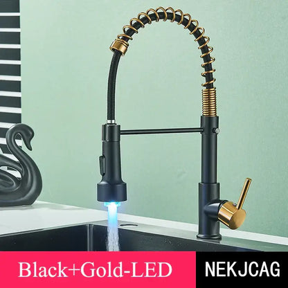 Brushed gold led kitchen faucet with black spring pull down hose