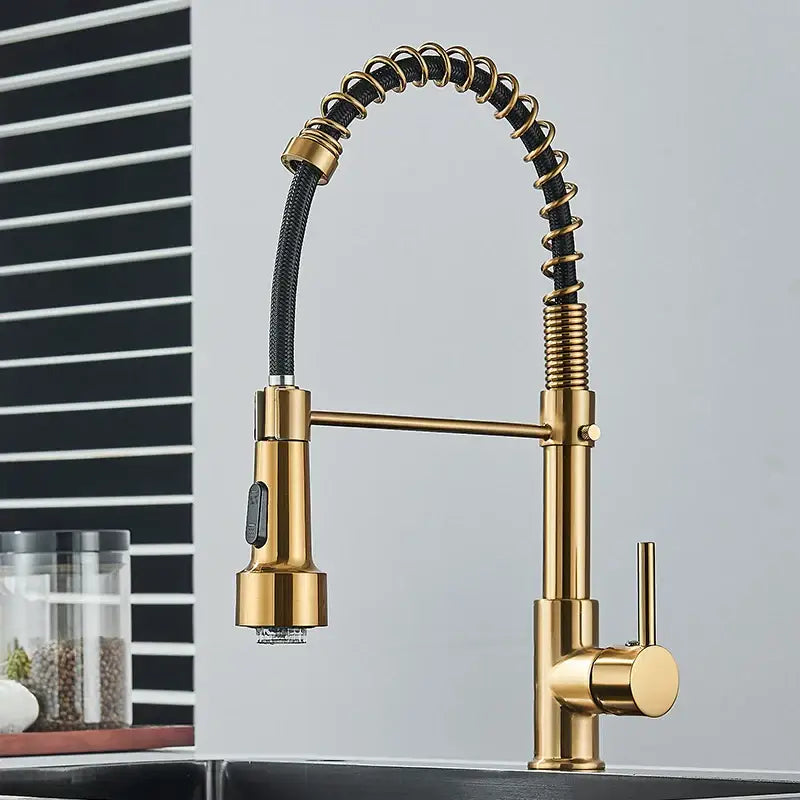 Brushed gold led kitchen faucet with black spring pull down hose