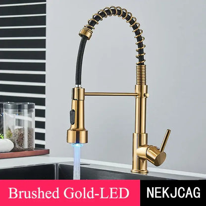 Brushed gold led kitchen faucet with black spring pull down hose