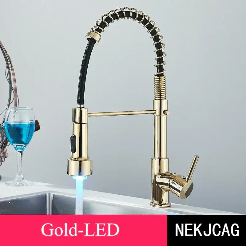 Brushed gold led kitchen faucet with black spring pull down hose