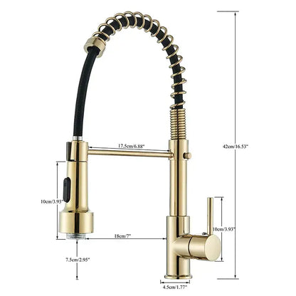 Brushed gold led kitchen faucet with black spring pull down hose