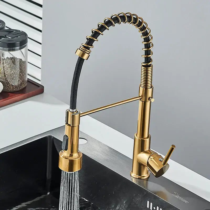 Brushed gold led kitchen faucet with black spring pull down hose