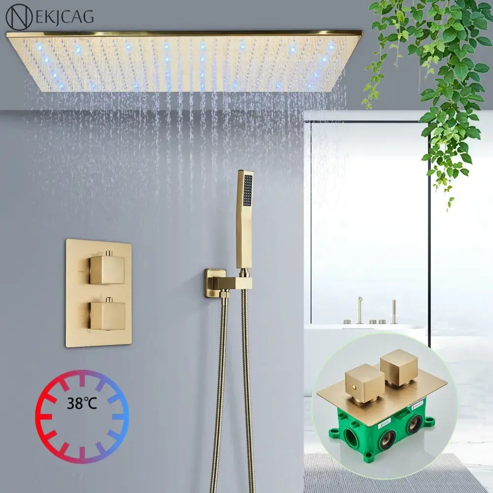 Brushed gold led rainfall shower faucet set for bathroom