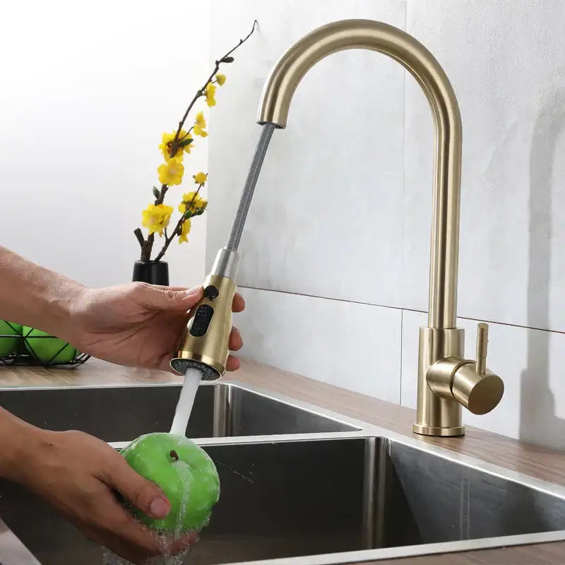 Brushed gold pull out kitchen faucet with textured hose