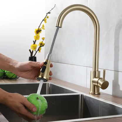Brushed gold pull out kitchen faucet with textured hose