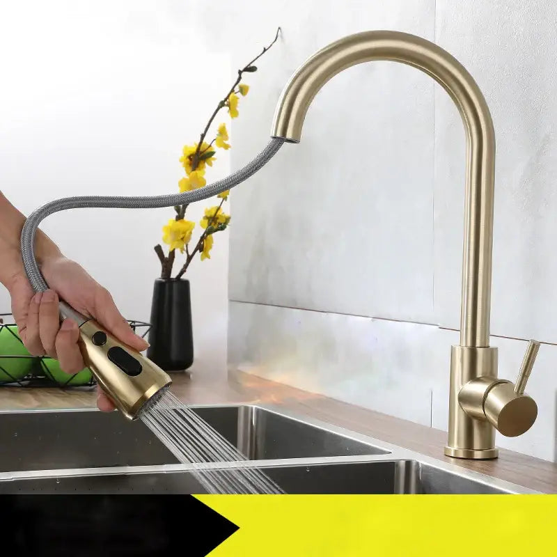 Brushed gold pull out kitchen faucet with textured hose