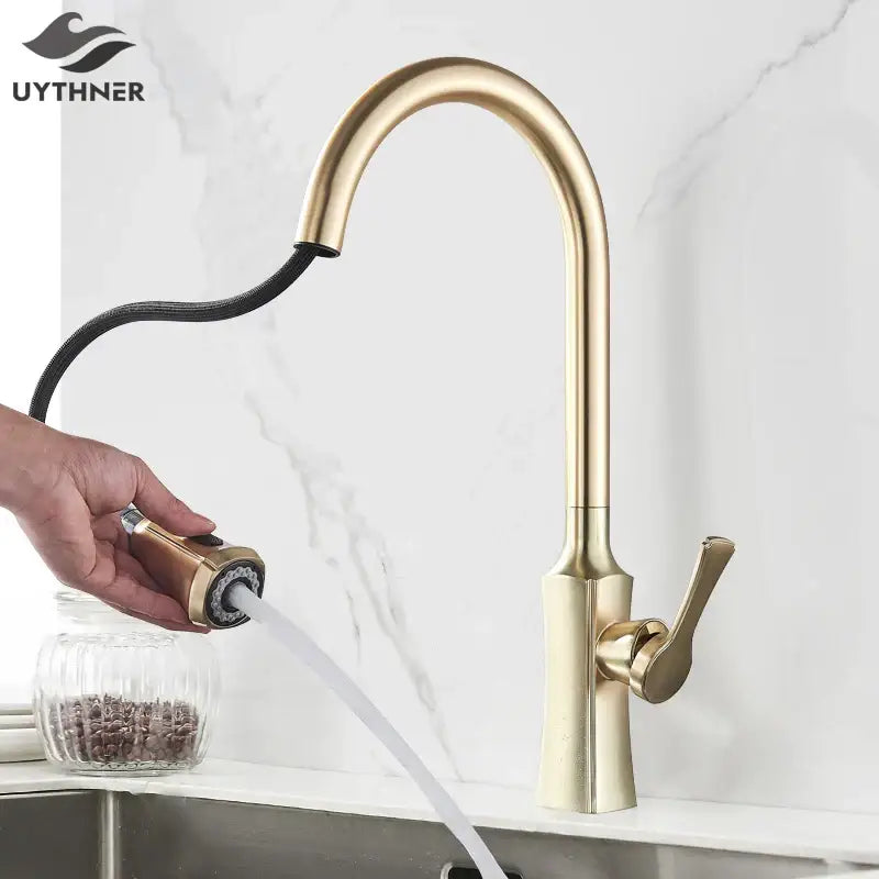 Brushed gold pull out spray kitchen faucet water mixer