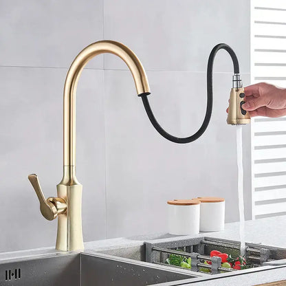 Brushed gold pull out spray kitchen faucet water mixer