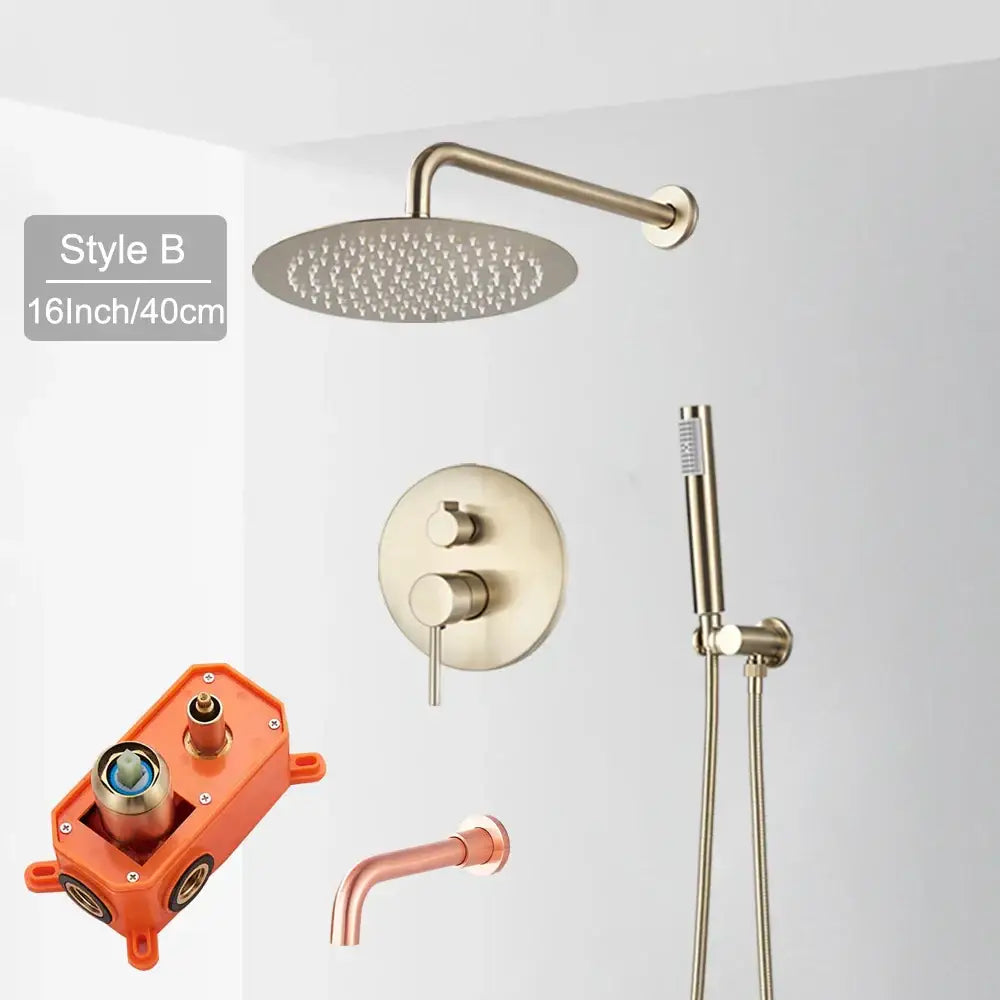 Brushed gold rainfall shower faucet set with handheld for bathroom