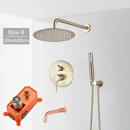 Brushed gold rainfall shower faucet set with handheld for bathroom