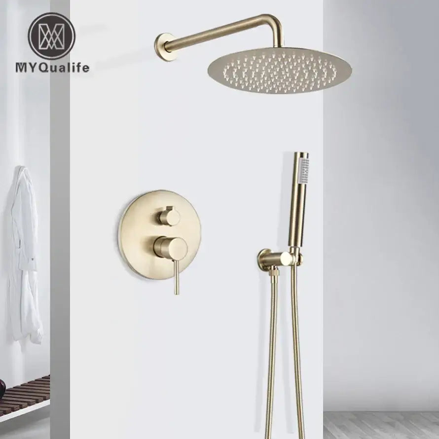 Brushed gold rainfall shower faucet set with handheld for bathroom