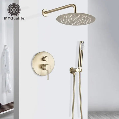 Brushed gold rainfall shower faucet set with handheld for bathroom
